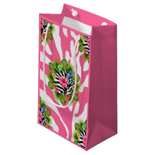 Tropical hibiscus and exotic pink zebra stripes small gift bag