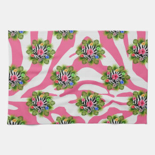 Tropical hibiscus and exotic pink zebra stripes tea towel