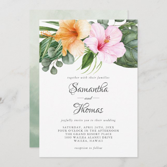 Tropical Hibiscus and Foliage Watercolor Floral Invitation (Front/Back)