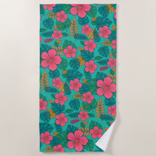 Tropical Hibiscus and Palm Leaf Pattern  Beach Towel