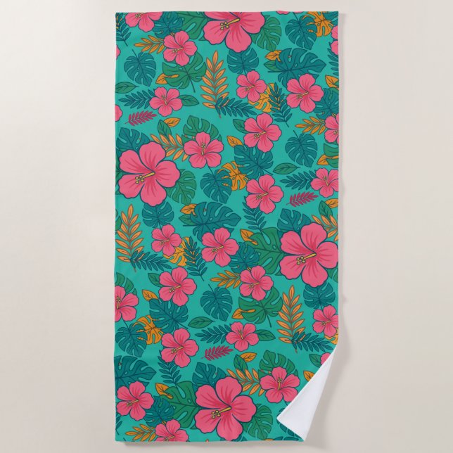 Tropical Hibiscus and Palm Leaf Pattern  Beach Towel (Front)