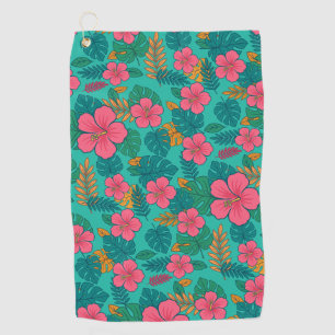 Tropical Hibiscus and Palm Leaf Pattern Golf Towel