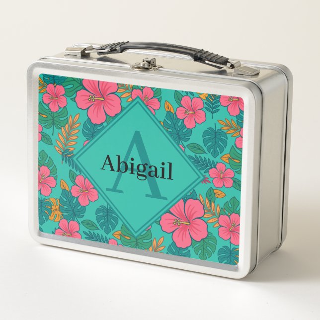 Tropical Hibiscus and Palm Leaf Pattern  Metal Lunch Box (Front)
