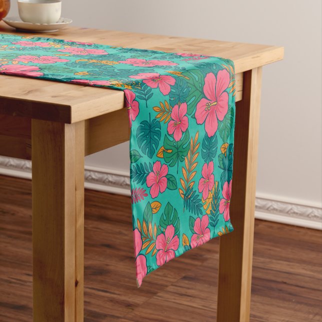Tropical Hibiscus and Palm Leaf Pattern  Short Table Runner (In Situ)
