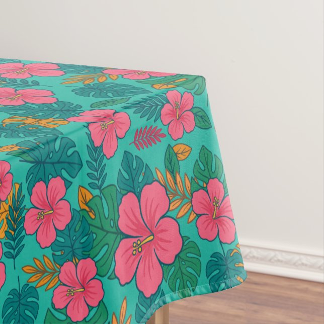 Tropical Hibiscus and Palm Leaf Pattern  Tablecloth (In Situ)