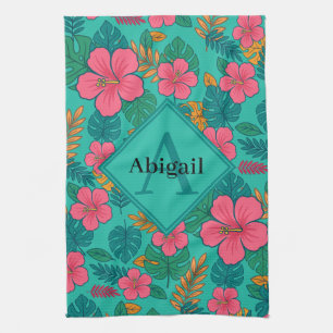 Tropical Hibiscus and Palm Leaf Pattern Tea Towel