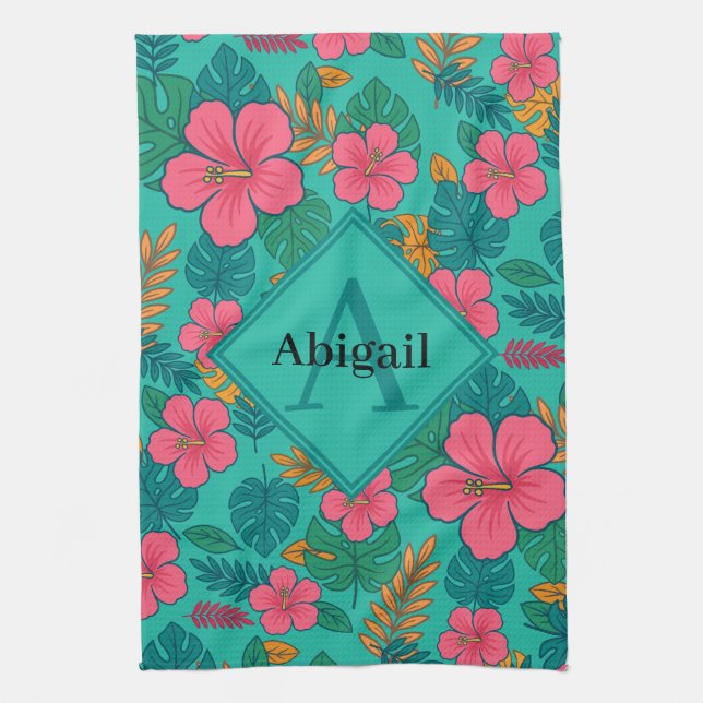 Tropical Hibiscus and Palm Leaf Pattern  Tea Towel (Vertical)