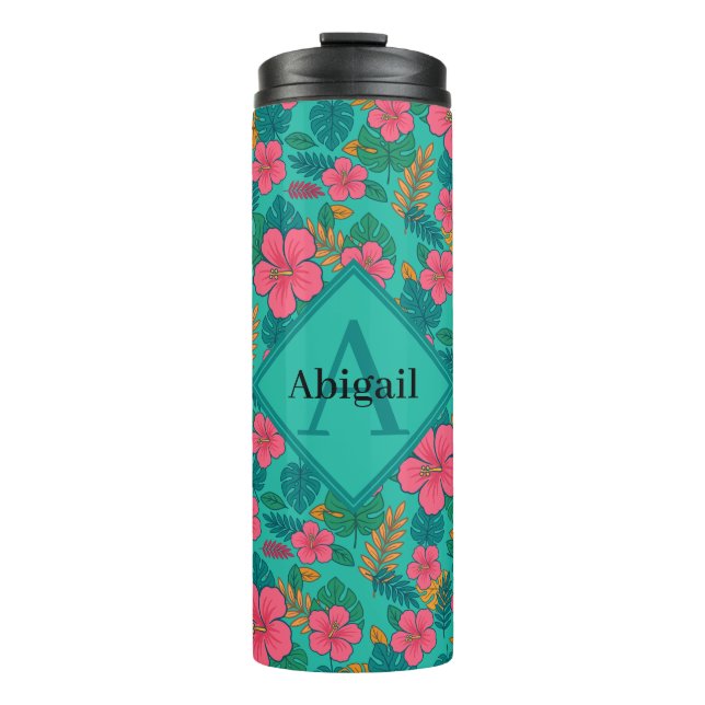 Tropical Hibiscus and Palm Leaf Pattern  Thermal Tumbler (Front)