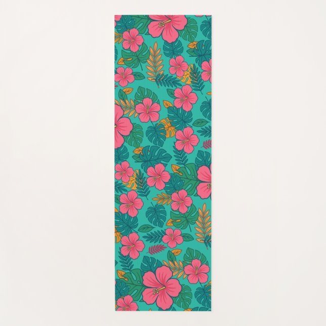 Tropical Hibiscus and Palm Leaf Pattern  Yoga Mat (Front)