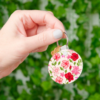 Tropical Hibiscus and Plumeria Floral Pattern Key Ring