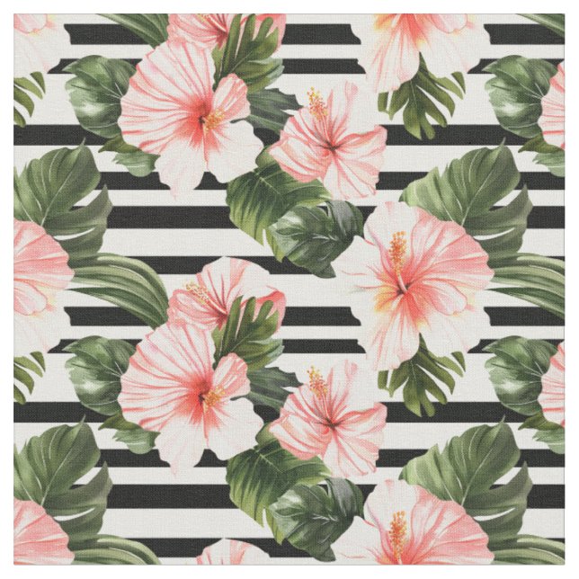 Tropical Hibiscus and Stripes Pattern Fabric (Close Up)