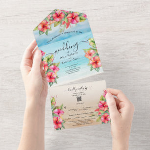 Tropical Hibiscus Beach All in One Wedding Invite