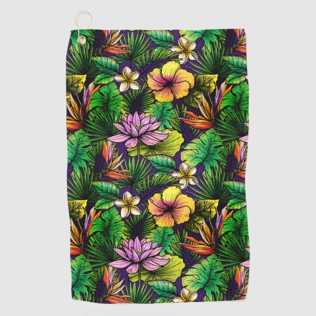 Tropical hibiscus bird of paradise foliage golf towel (Front)