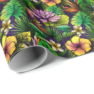 Tropical hibiscus bird of paradise foliage wrapping paper