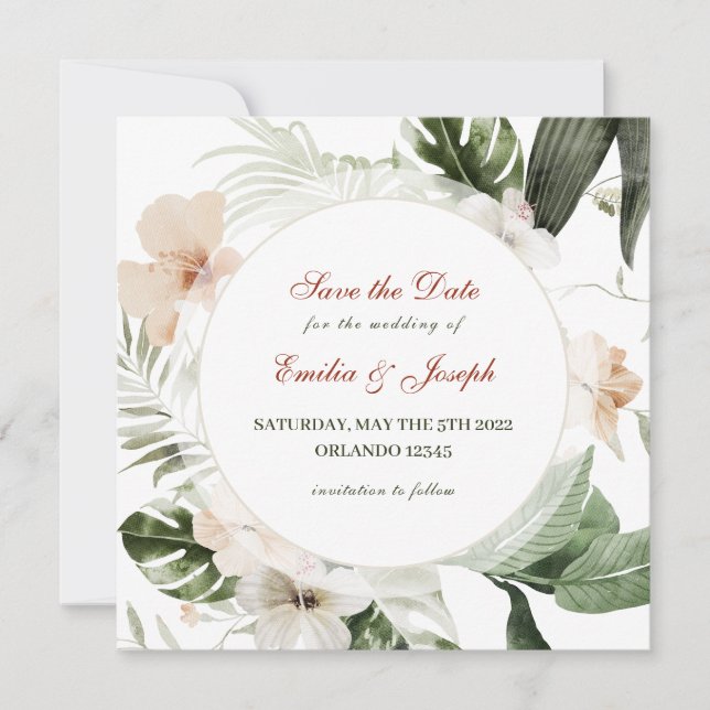 Tropical hibiscus boho pastel floral Save the Date Invitation (Front)
