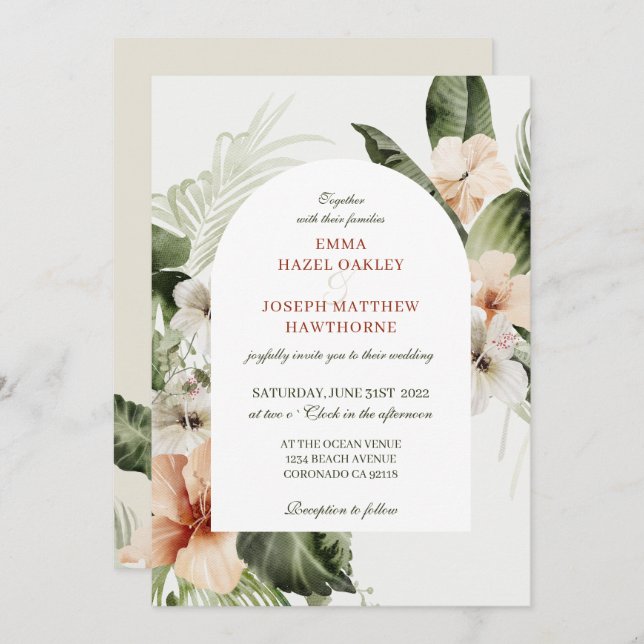 Tropical hibiscus boho pastel floral Wedding Invitation (Front/Back)
