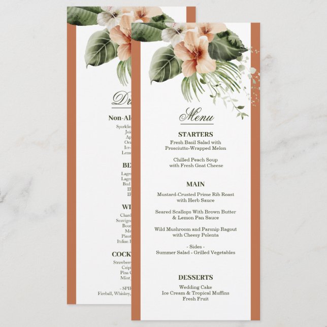 Tropical hibiscus boho pastel Wedding Menu (Front/Back)