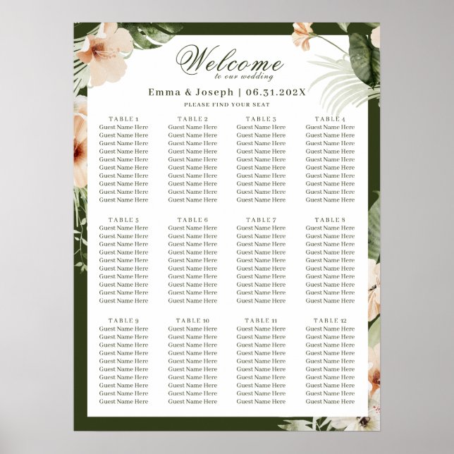 Tropical hibiscus boho pastel Wedding Seating Poster (Front)