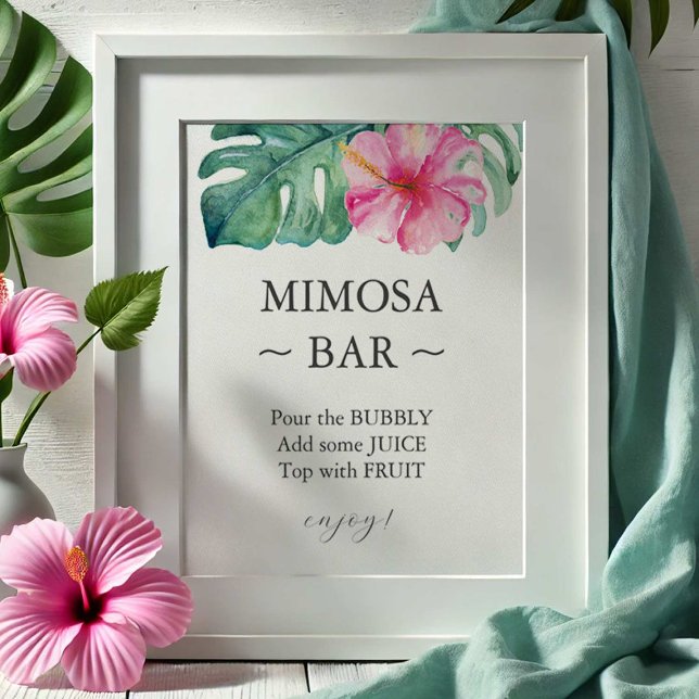 Tropical Hibiscus Bridal Shower Mimosa Bar Sign (wedding decor mimosa bar sign tropical pink watercolor hibiscus flower and monstera palm leaves)