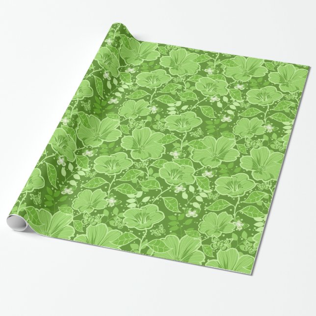Tropical Hibiscus & Butterflies Shades of Green Wrapping Paper (Unrolled)