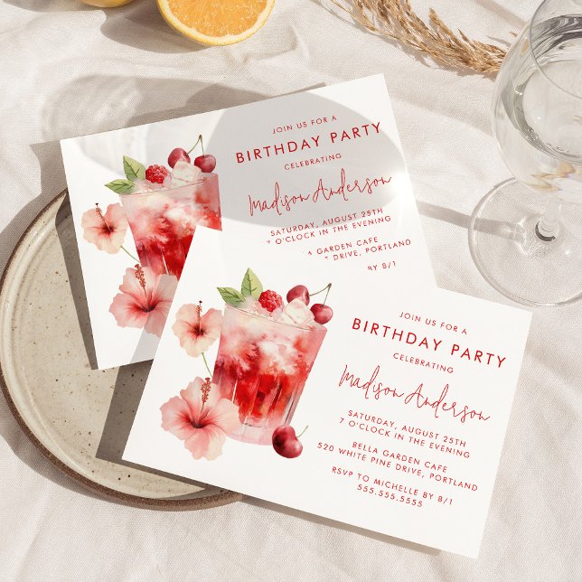 Tropical Hibiscus Cherry Cocktail Birthday Party Invitation (Creator Uploaded)