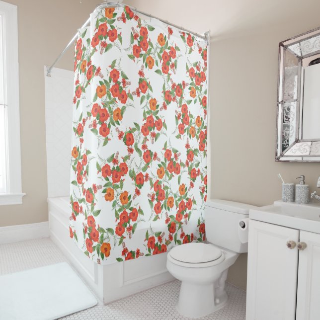 Tropical Hibiscus Coral Flowers Shower Curtain (In Situ)