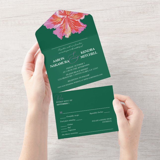 Tropical Hibiscus Emerald Wedding All In One Invitation (Tearaway)