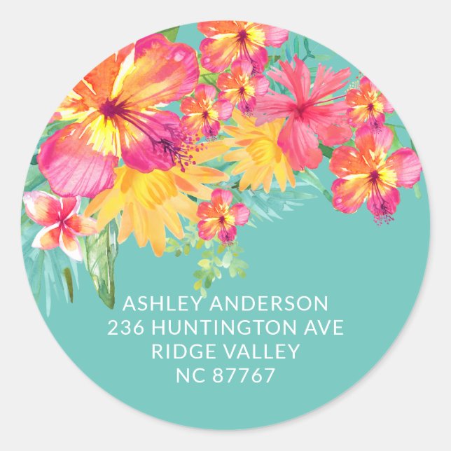 Tropical Hibiscus Floral Address Label Sticker (Front)