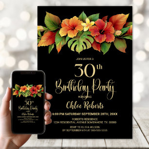 Tropical Hibiscus Floral Black 30th Birthday Party Invitation