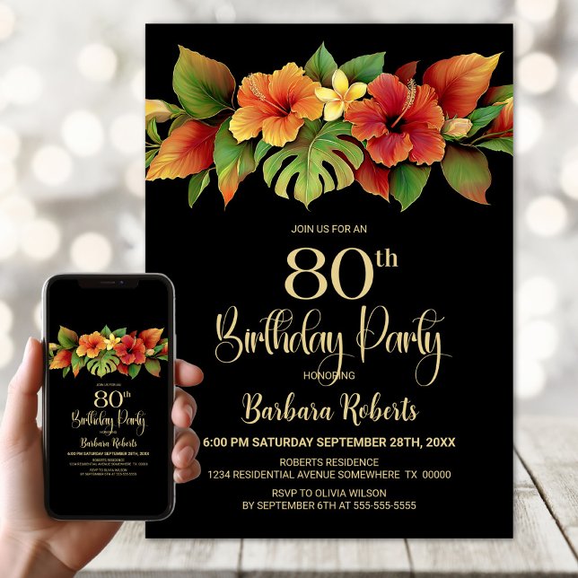 Tropical Hibiscus Floral Black 80th Birthday Party Invitation (Creator Uploaded)