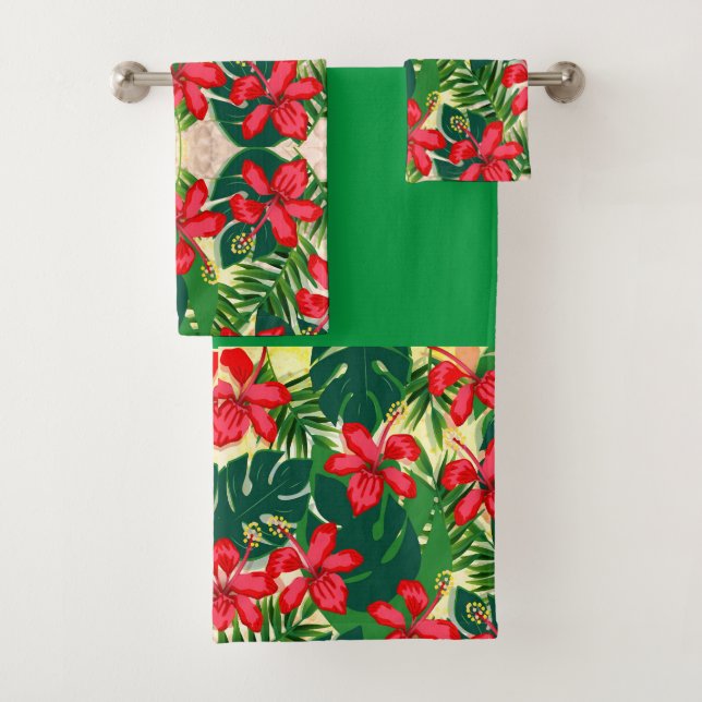 Tropical hibiscus floral bright art modern bath towel set (Insitu)