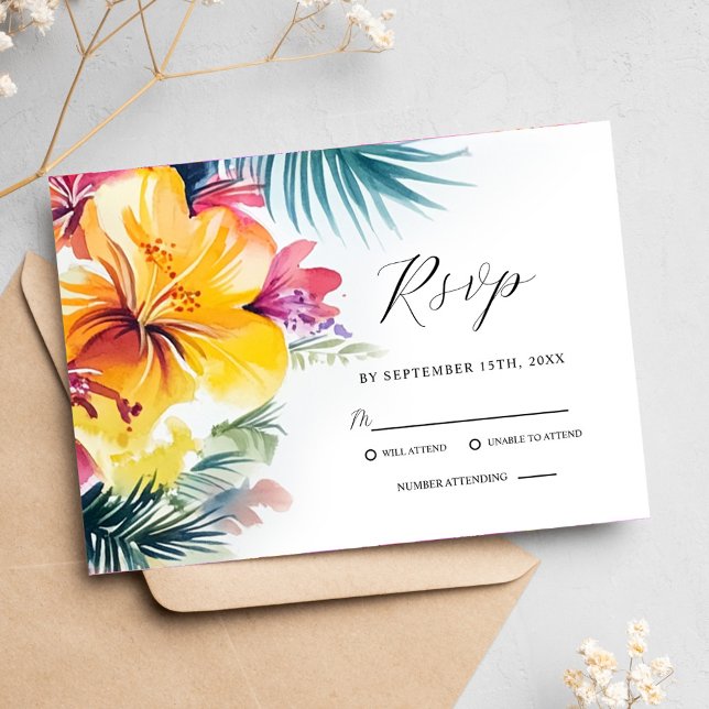 Tropical Hibiscus Floral Destination Wedding RSVP Card (Tropical Hibiscus Floral Destination Wedding RSVP Card)