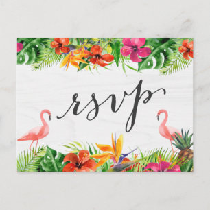 Tropical Hibiscus Floral Flamingo RSVP Reply Invitation Postcard