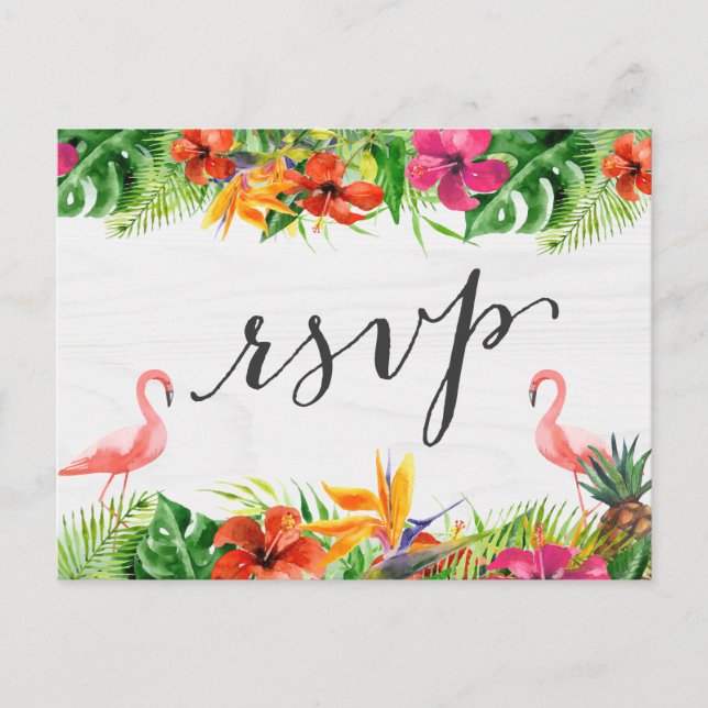 Tropical Hibiscus Floral Flamingo RSVP Reply Invitation Postcard (Front)