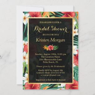 Tropical Hibiscus Floral Gold Frame Bridal Shower Invitation