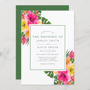Tropical Hibiscus Floral Palm Leaves Wedding Invitation