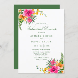 Tropical Hibiscus Floral Palms Rehearsal Dinner Invitation