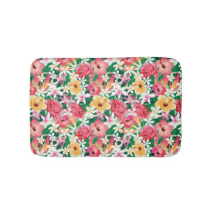 Tropical Hibiscus Floral Pattern Bath Mat