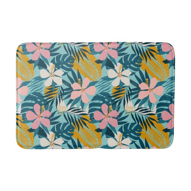 Tropical Hibiscus Floral Pattern Bath Mat (Front)