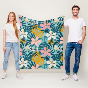 Tropical Hibiscus Floral Pattern Fleece Blanket