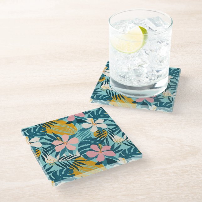 Tropical Hibiscus Floral Pattern Glass Coaster (Angled)