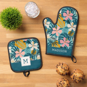 Tropical Hibiscus Floral Pattern Oven Mitt & Pot Holder Set