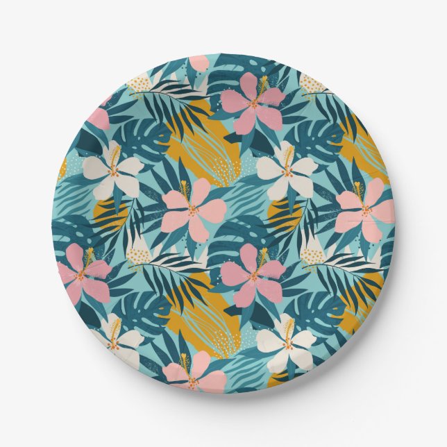 Tropical Hibiscus Floral Pattern Paper Plate (Front)