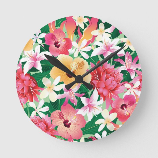 Tropical Hibiscus Floral Pattern Round Clock (Front)