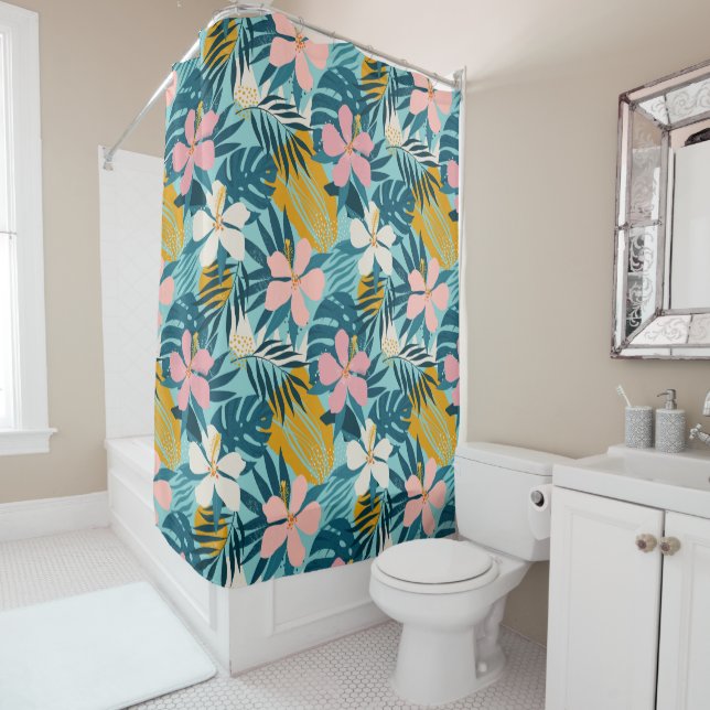 Tropical Hibiscus Floral Pattern Shower Curtain (In Situ)