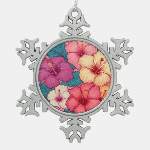 Tropical hibiscus floral pattern snowflake pewter christmas ornament