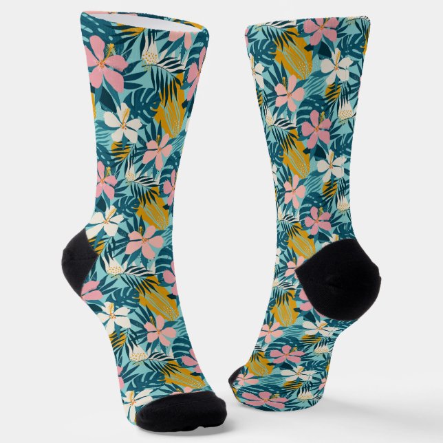 Tropical Hibiscus Floral Pattern Socks (Angled)