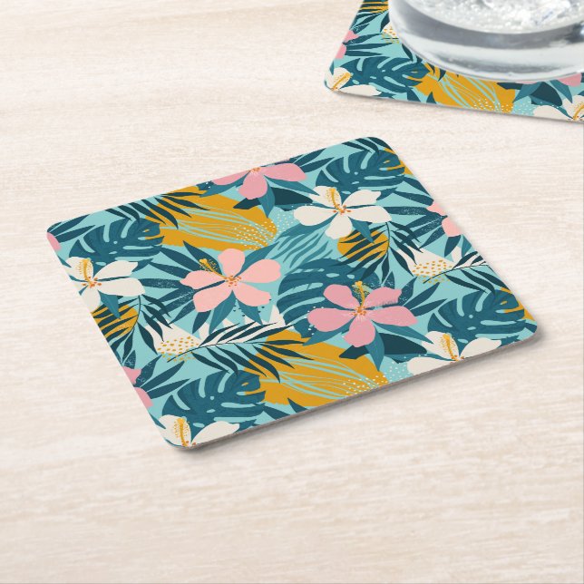 Tropical Hibiscus Floral Pattern Square Paper Coaster (Angled)