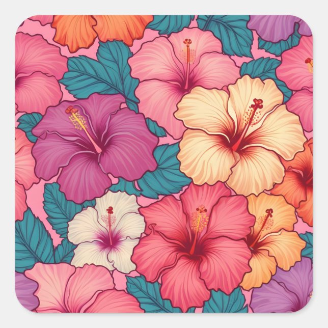 Tropical hibiscus floral pattern square sticker (Front)