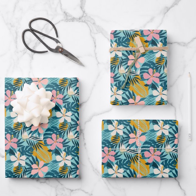 Tropical Hibiscus Floral Pattern Wrapping Paper Sheet (Front)